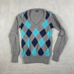 Gap Women's Small Teal Gray Checkered Cotton Nylon Wool Long Sleeve Sweater